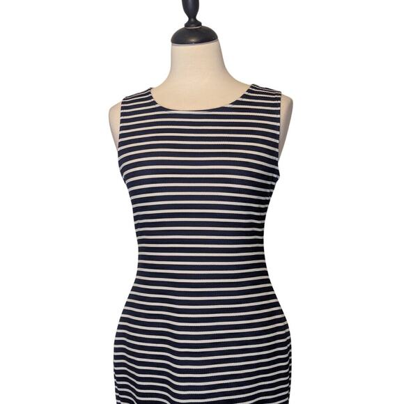 Olivia Matthews Sz 6  White & Navy Striped Bodycon Dress Sleeveless Back Zip - Picture 2 of 9